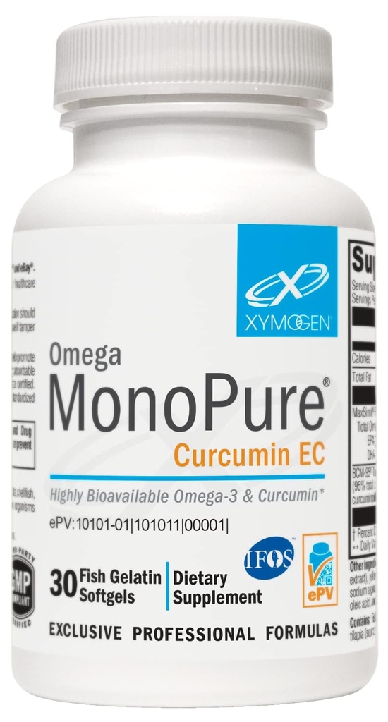 XYMOGEN Omega MonoPure Curcumin EC - 带有增强的DHA EPA吸收法的鱼类油 + Turmeric 提取法 - Omega-3 Cytokine 平衡支持的补编(30软胶)