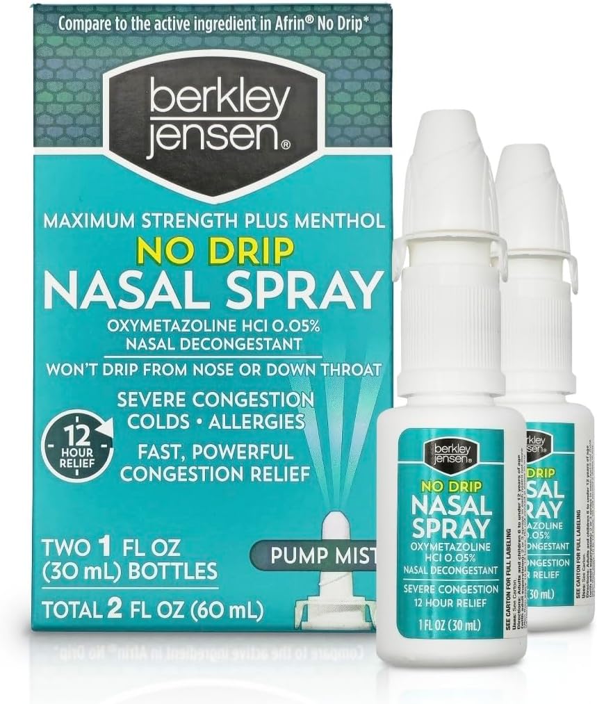 Berkley jensen No Drip 严重摄入鼻喷雾 - 最大强度的减震剂与Oxymetazoline HCl & Menthol - 泵雾应用器,无固醇,12小时减震器,1流体 Ounce (Pack of 2)