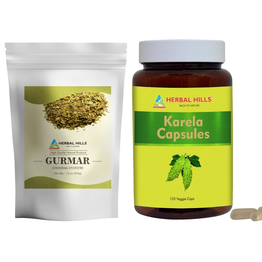HERBAL HILLS Gurmar 茶粉和Karela Capsules 包装2 Combo