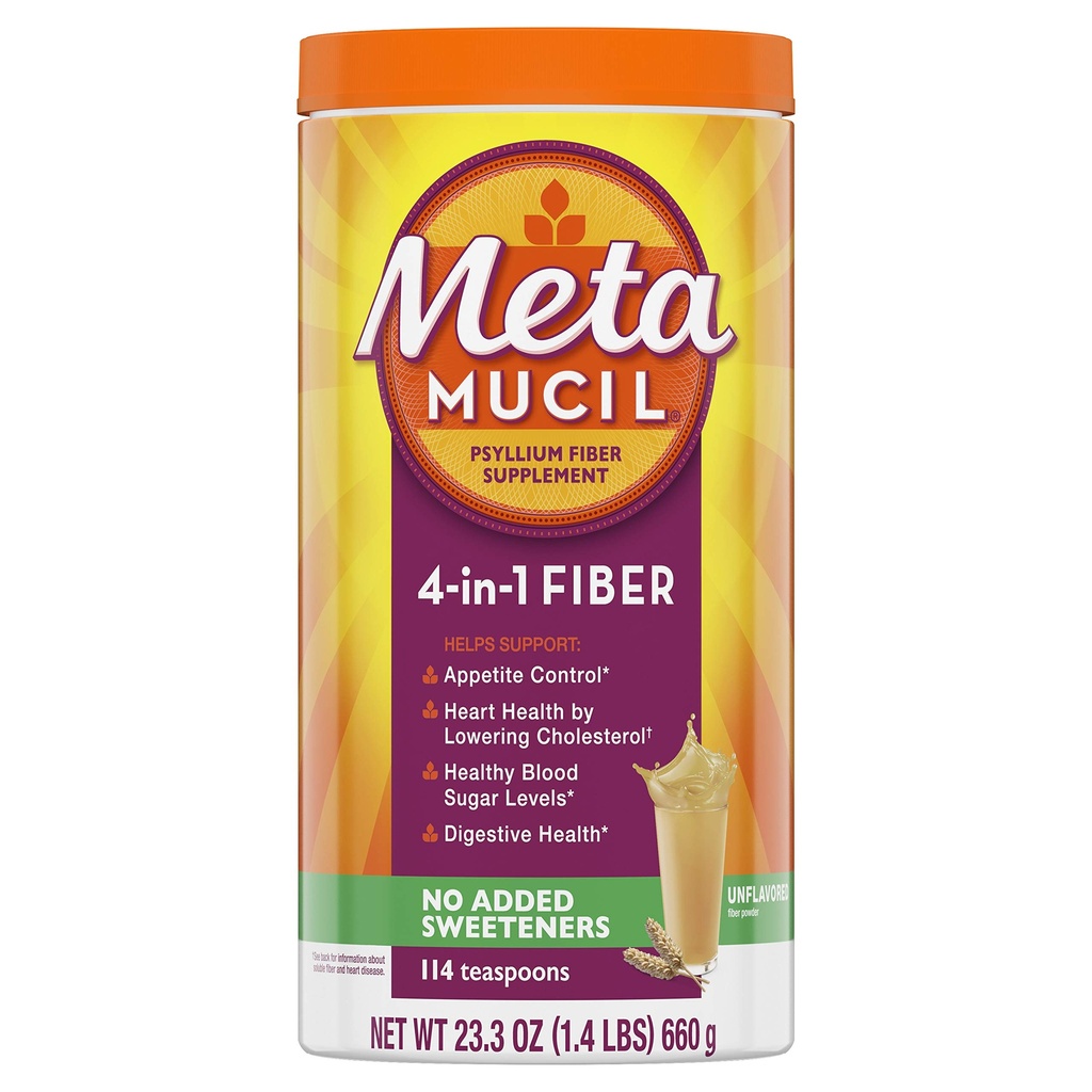 Metamucil Fiber,4-in-1 Psyllium Fiber 补充品,无糖粉,不味饮料,114 服务品(包装 May Vary)