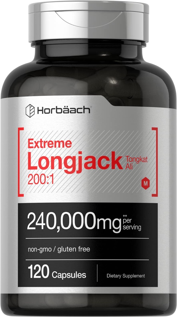 Horbäach - Longjack Tongkat Ali - 240,000 mg(200:1 Potent Excert) - 120 Capsules - 极端男性性能补充 - 超集中草药提取公式 - 非GMO & Gluten自由药丸