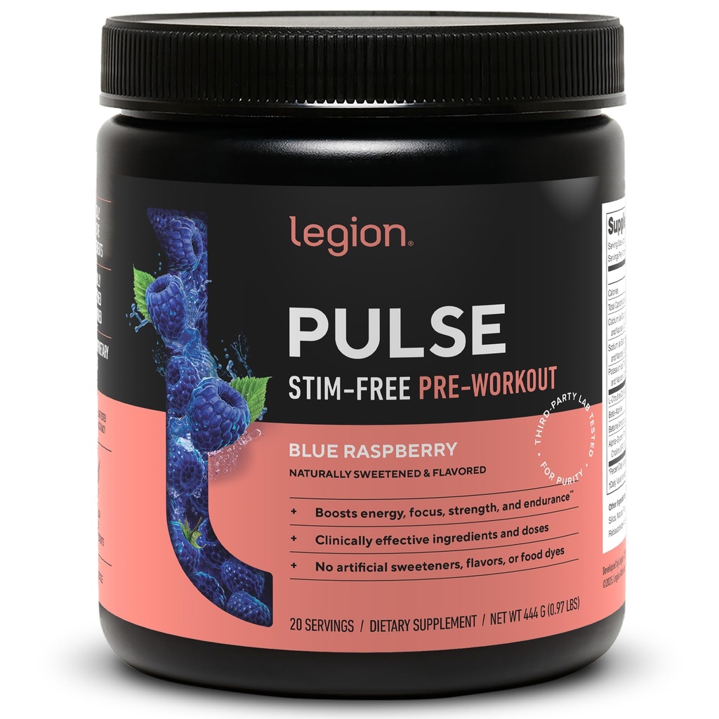 LEGION Pulse Pre Workout 补充 - 所有天然硝氧氧化物预研饮给布尔斯特能源,Creatine Free,自然甜化,Beta Alanine,Citrulline,Alpha GPC (Cafeine Free Blue Razz)