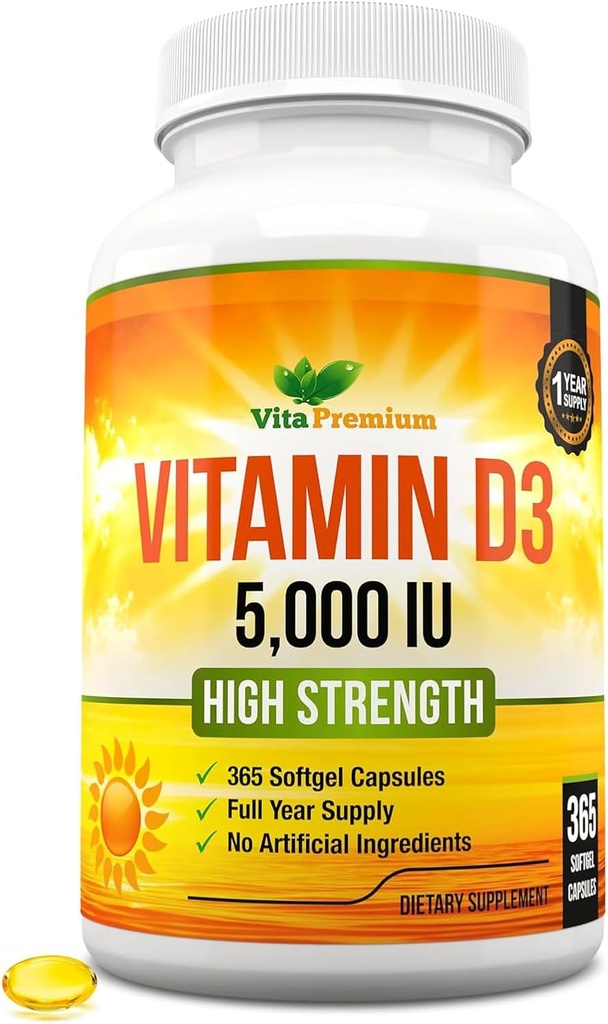 维生素D35000 IU,365 Easy-Swallow Softgels,高强度维生素D5000 IU Supplement - 全年供应.