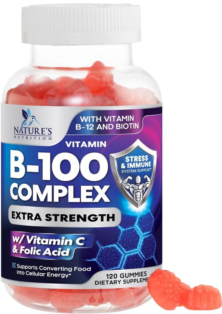 配有维生素C & Folic Acid的B Complex Super Vitamin B Gummy 配有 Niacin, B6, Folic Acid, B12, Biotin, 自然能量免疫辅助补品 - 120 Gummy