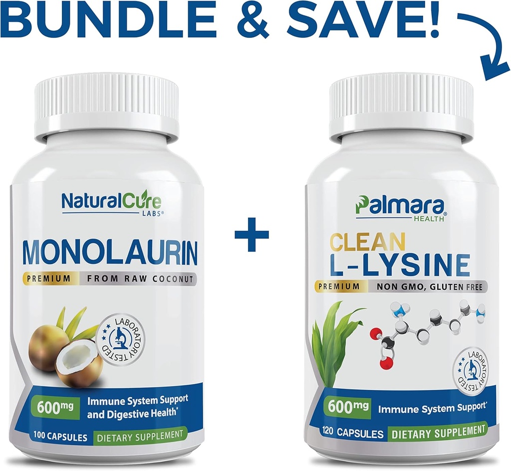 天然Cure Labs Bundle: Premium Monolaurin 600mg + 清洁 L-Lysine 600mg 化学反应