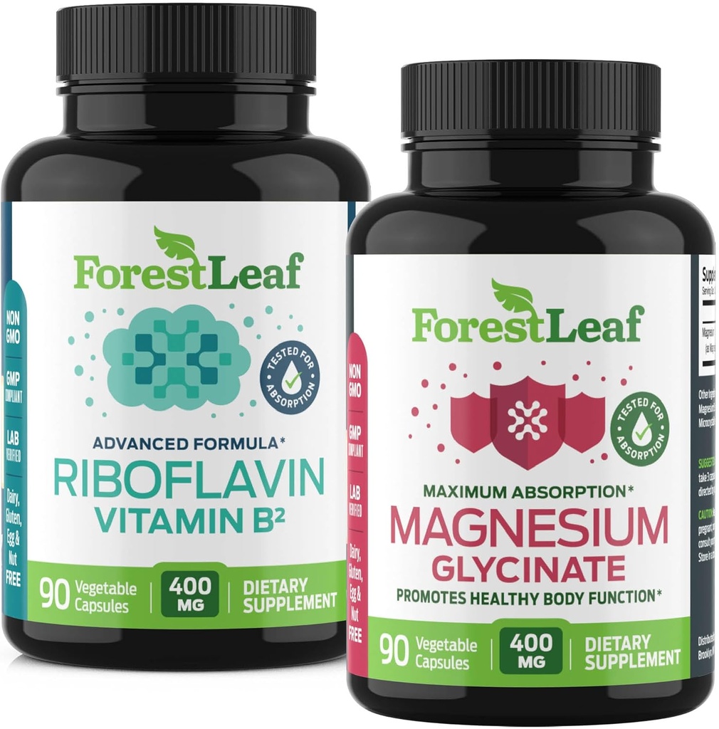 ForestLeaf Riboflavin & Magnesium Migraine 补充剂 - Riboflavin 400mg 头痛救济剂 - Ultimate Magnesium Glycnit Bundle 与 B2 维生素 400mg 头痛 Migraine 救济剂 Capsules
