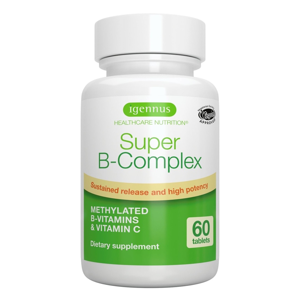 Igennus Super B-Complex 甲基化B维生素 - 持续释放,清洁标签和高吸收,配有5-MTHF Folate & Methy B12,能量,Mood & 认知性能,实验室验证,60个小片