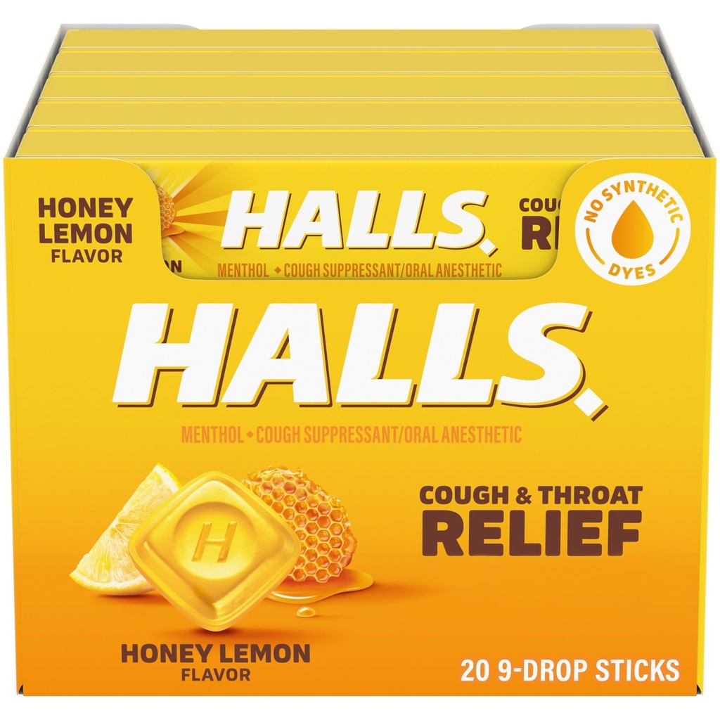 HALLS 咳嗽和喉咙救济 蜂蜜 柠檬 咳嗽,20棒9(180总滴)