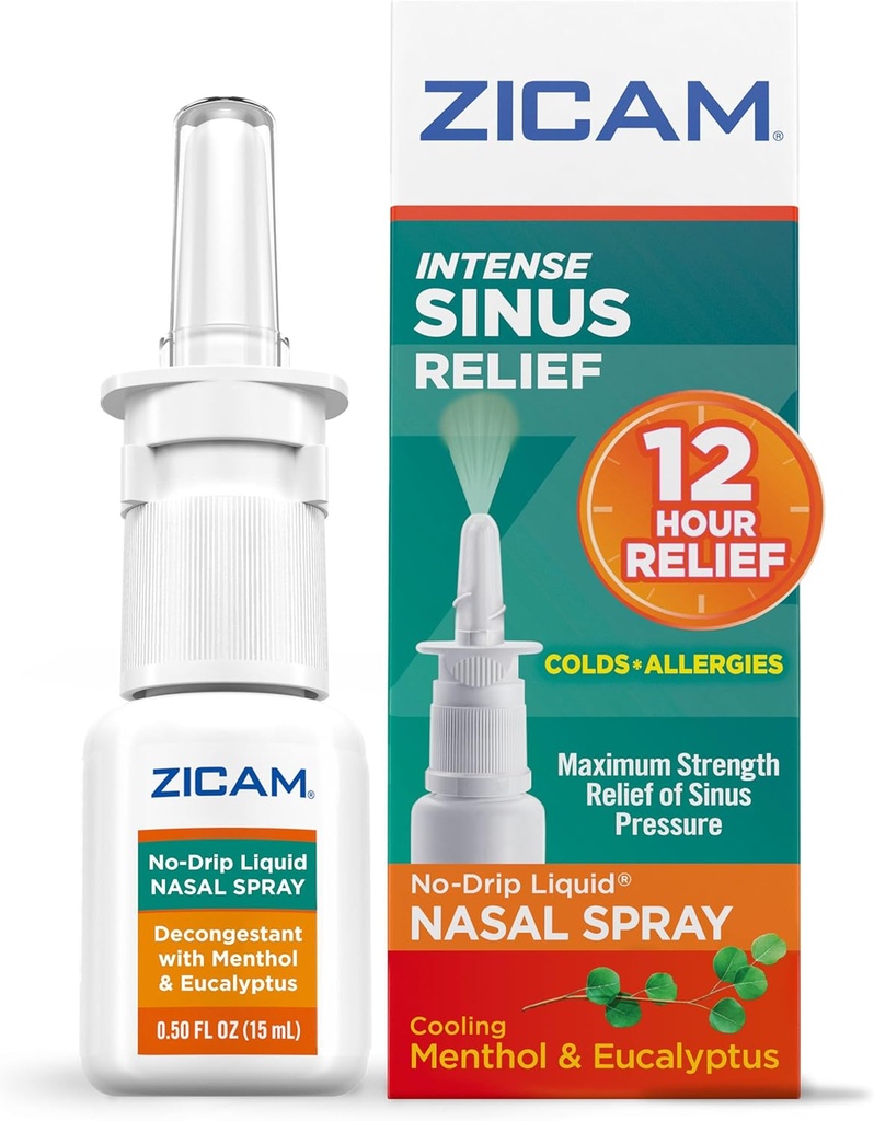 Zicam Intense Sinus Relief No-Drip 液态鼻喷雾与冷却 Menthol & Eucalyptus, 0.5 Ounce (Pack of 1)