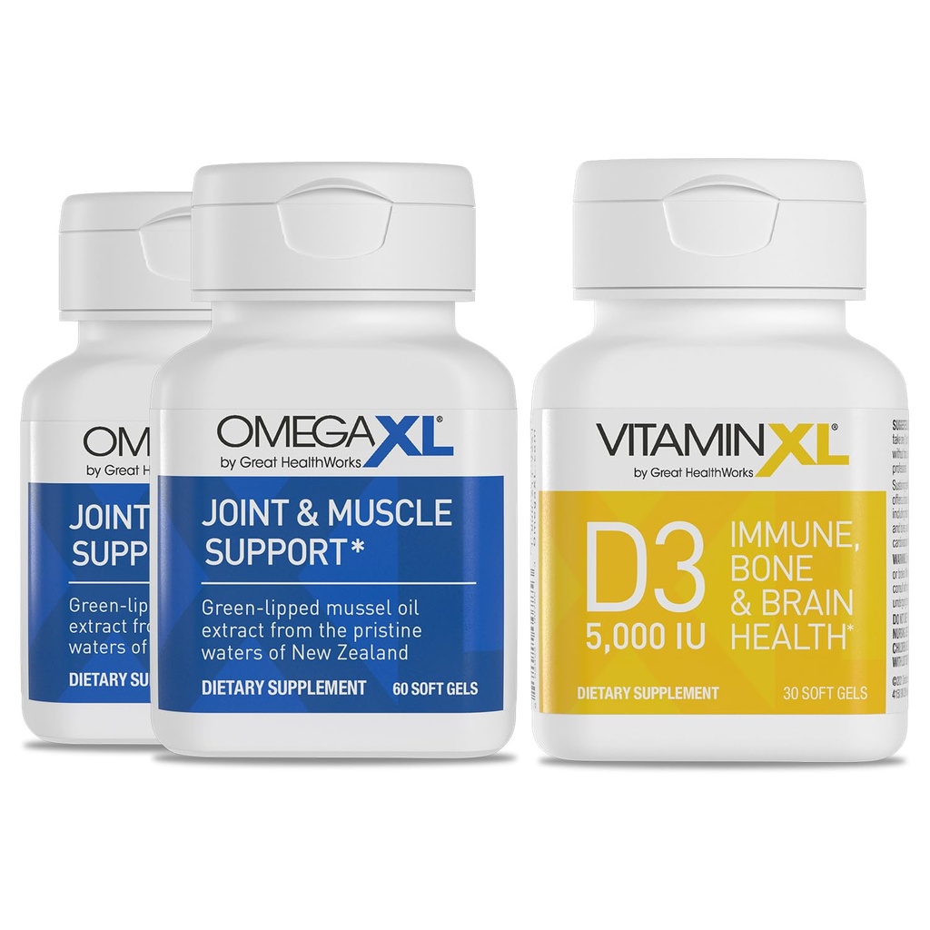 OmegaXL 联合支持补编 - 天然肌肉/免疫支持,60 Softgel (2 Pack) & VitaminXL D3 高潜力日报 维生素D5000 IU 125mcg 补充(30 Softgel)