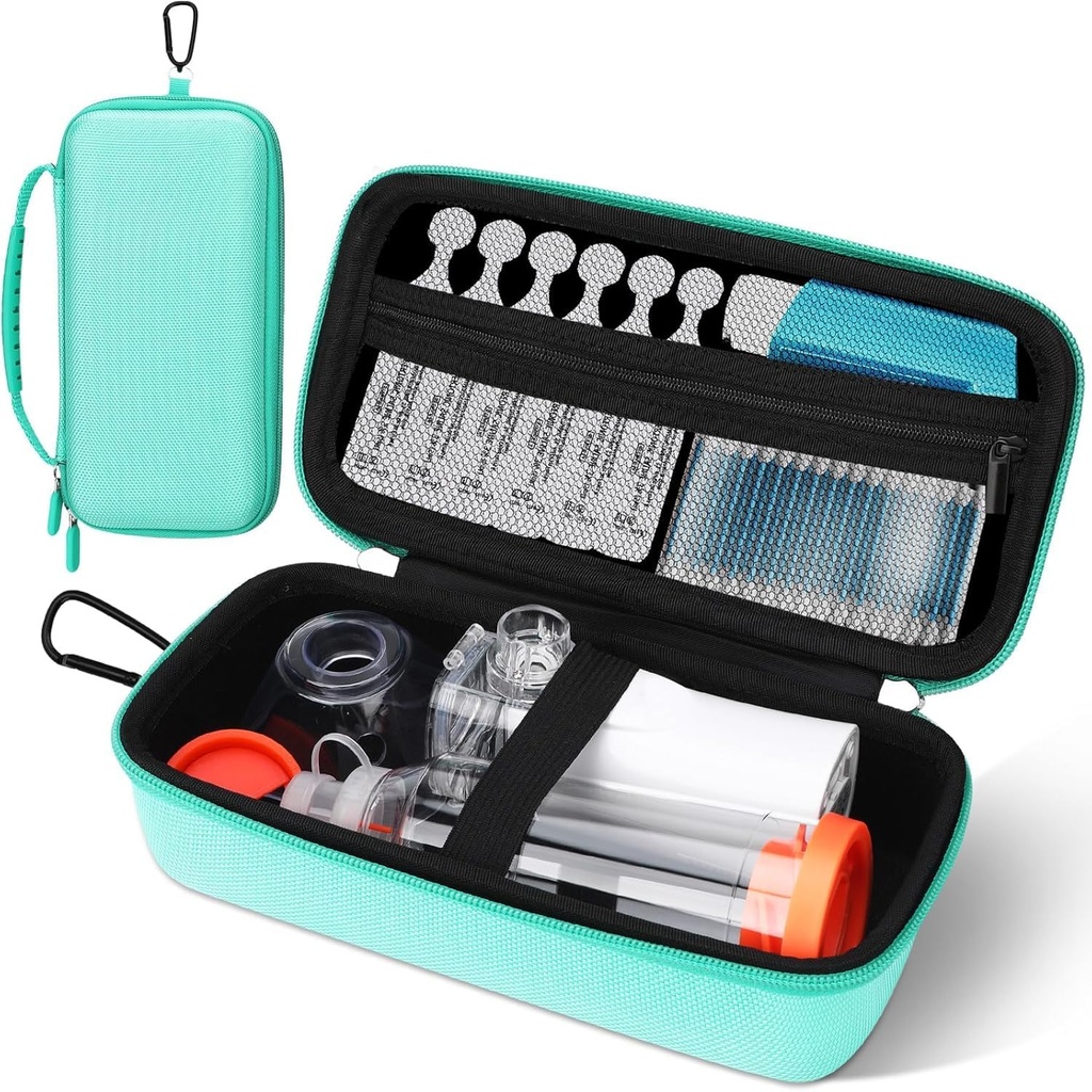 Asthma Inhaller案,可移植的 Nebulier 组织者,用 Mesh Pocket 进行旅行-准备,双子裤,硅酮处理,儿童与成年人,Stylish Green