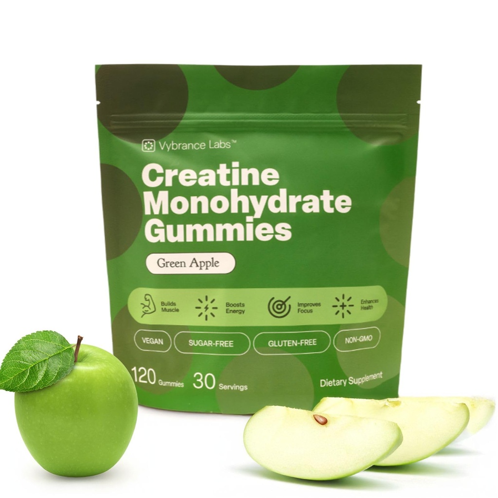 Creatine Gummys 5g 单水合物 + Taurine & B12 - 无糖, Vegan, Gluten - Free - Green Apple - 120 Counter for Starity, Energy & Focus (30 services) - 强力,能量和焦点