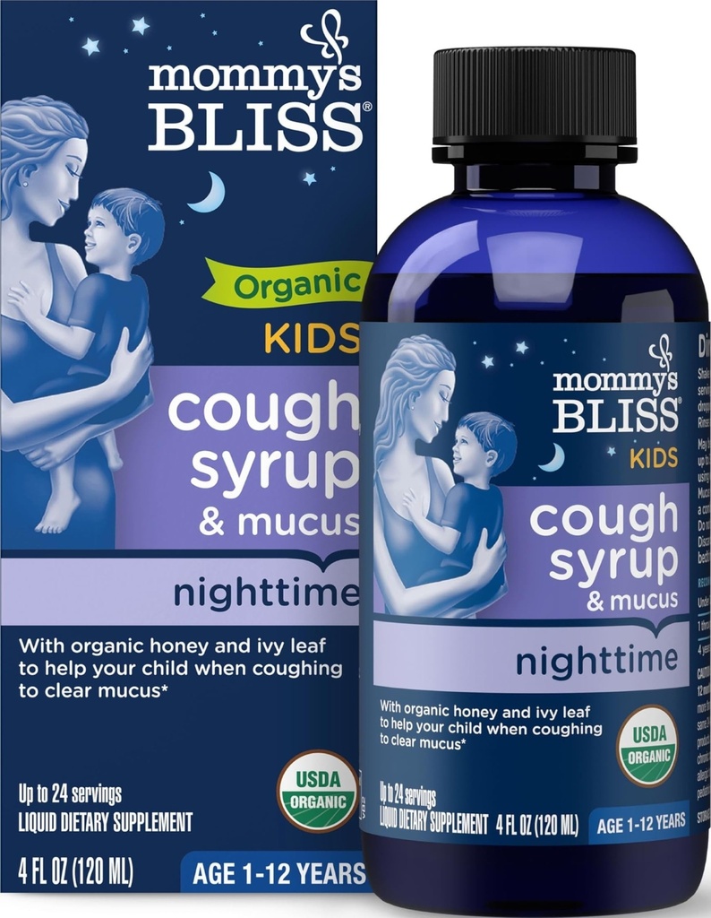 妈咪的Bliss 有机儿童 Cough Syrup & Mucus Relief for night Time, Agave & Honey, Ivy Leaf, Zinc, 维生素C, +Herbal Nighttime Blend, 4 Fl z