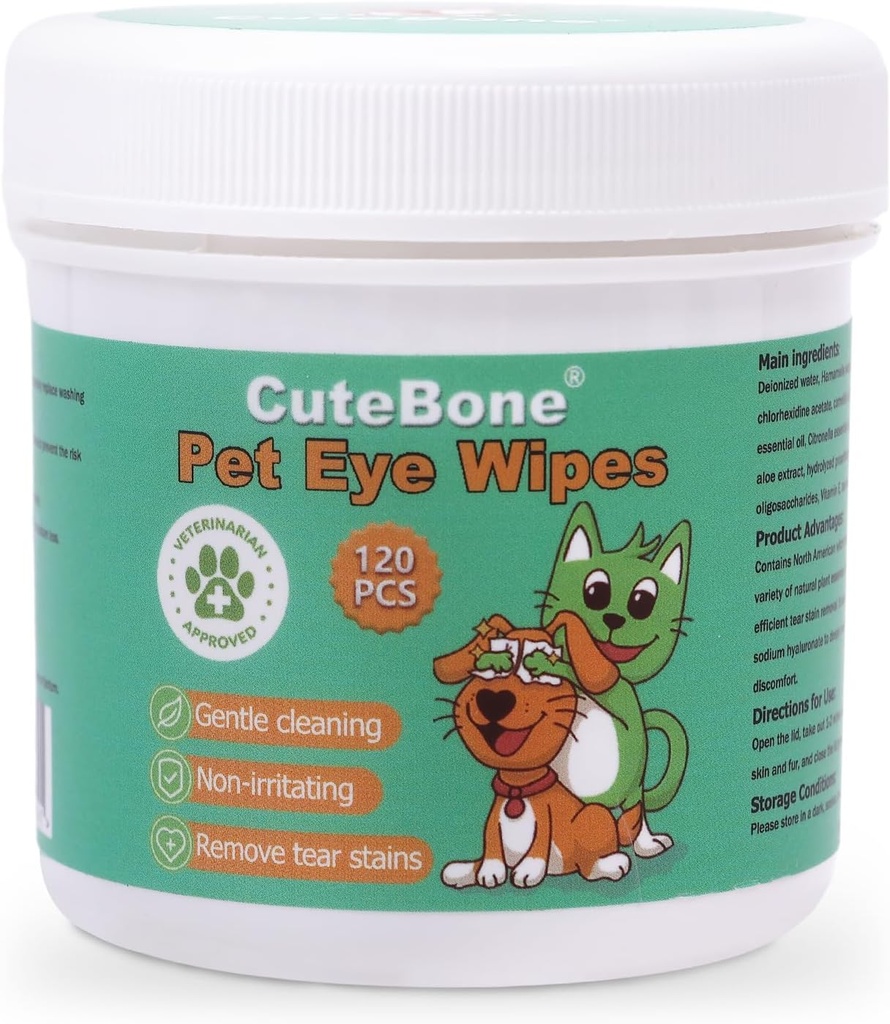 CuteBone Pet Eye 擦拭120 计数 - 狗和猫的温柔和舒缓的擦拭,去除污泥、眼泪和碎片,防止眼部感染,自然成份,安全和易于使用