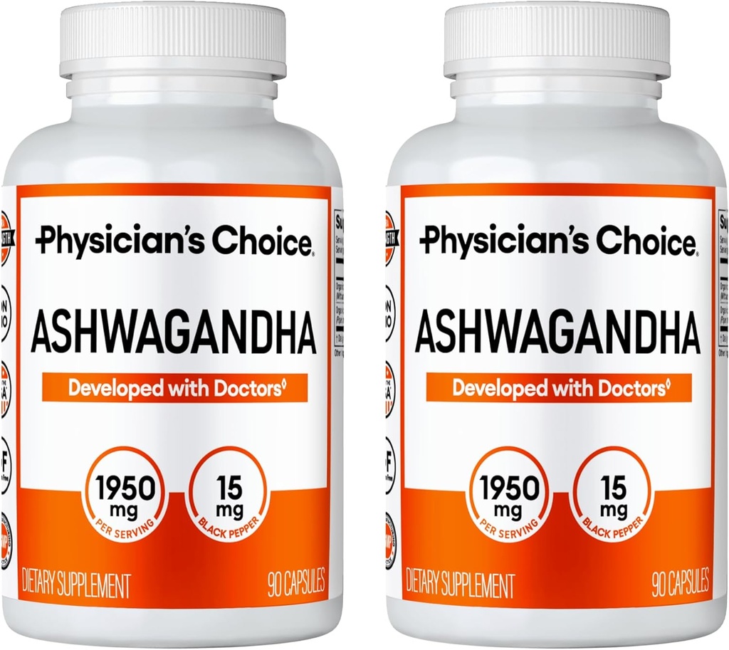 物理家的CHOCE Ashwagandha 1950mg 有机 Ashwagandha 根粉与黑椒抽取,压力支持,Mood支持补充,90 Veggie Ashwagandha Capsules - 2 PCK