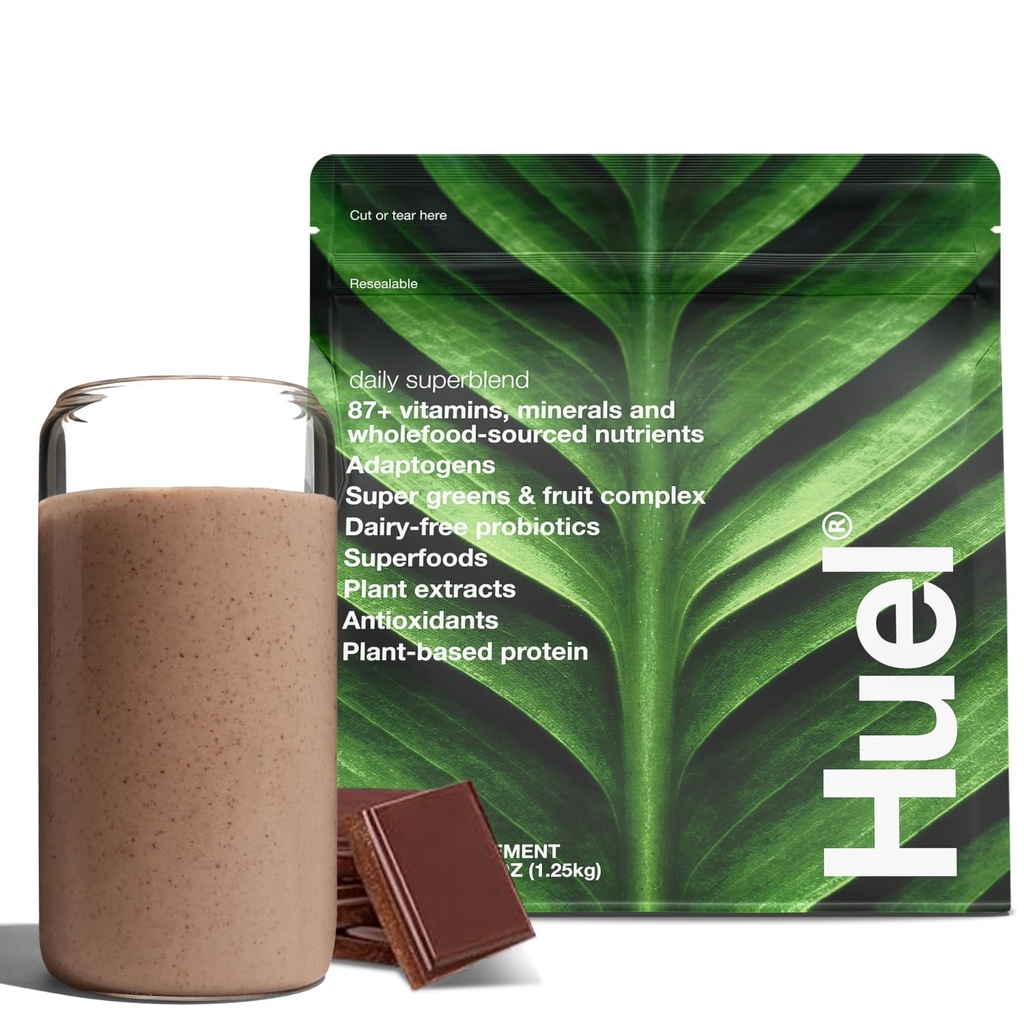 Huel Daily Superbland 巧克力粉 + 25g 植物基蛋白 + 超绿色蛋白 → 87 维生素,矿物,和全食源原料 + 19 服务 + 25g 植物基蛋白 → 超绿色蛋白 → 87 维生素,矿物,和全食源原料 → |19 服务 → 不包括减少塑料