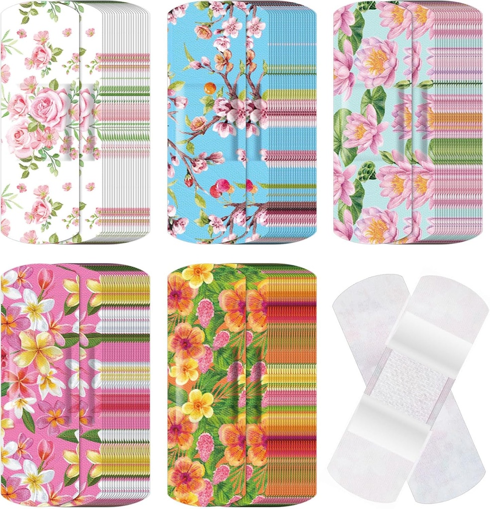 120 Pcs Fabric Adhesive 灵活带状散装布局 各种花样和图案 小彩色 漂亮带状布局 配以非棍棒 Pad 3 x 1英寸 切伤性散装布局 女性(花旗)