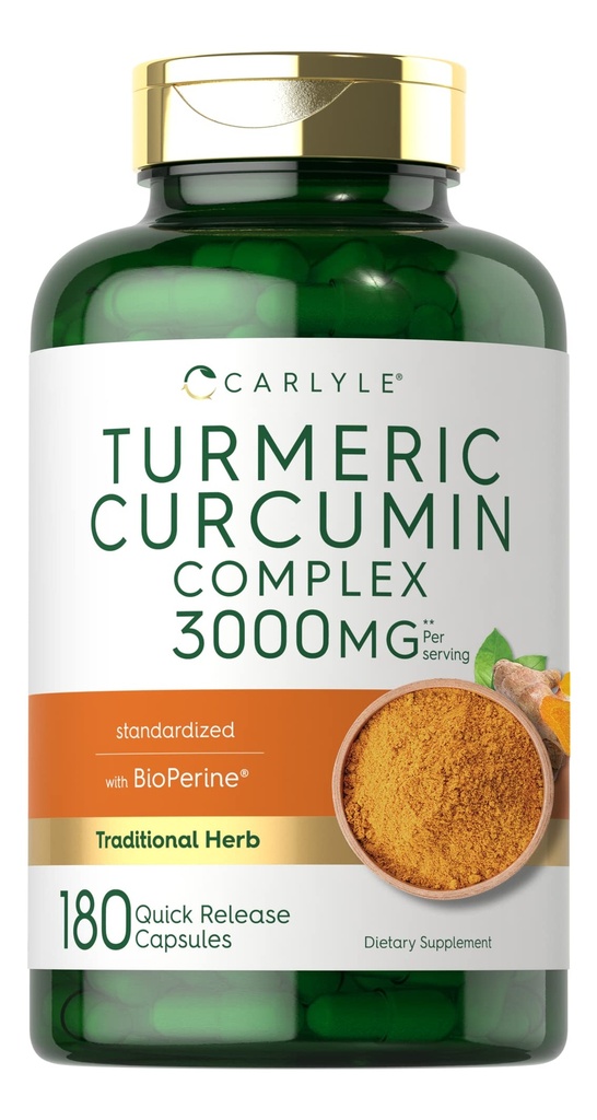 Carlyle Turmeric Curcumin Supplement + 3000mg 180 Capsules + 黑胡椒, Curcuminoids 和 Bioperine + + 非 GMO, Gluten Free