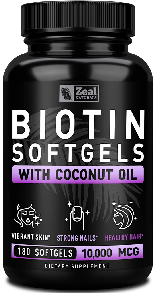 Zeal Biotin 10000mcg 与有机椰油软胶 → 维生素 Biotin 补充 → 毛皮和钉子 女性和男性维生素 → 6 mo 供应 - 180 Gel Capsules