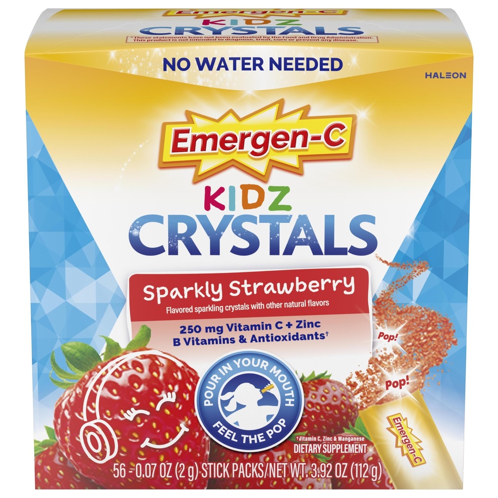 Emergen-C Kidz Crystals,On-the-Go Emergen-C Immune 支持补编 配有维生素C,B维生素,锌和曼干内塞,Sparkly草莓,库存 Stuffer - 56 棒包