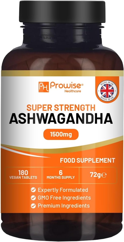 Ashwagandha 1500mg 180 Vegan 牌匾 6个月供应 纯高强度 Ashwagandha 根提取 由Prowise保健公司在英国制造