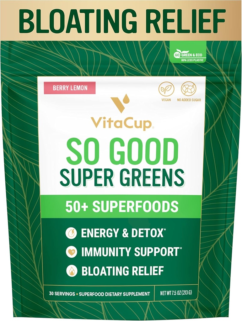 VitaCup So Good Super Greens Powder w/ 50+ Premium Superfoods, bost Energy, Detox, 豁免w/Probioture, Prebioture, Fiber, 抗氧化剂, 适应原体, Spiruina, Berry Lemon, 30 服务