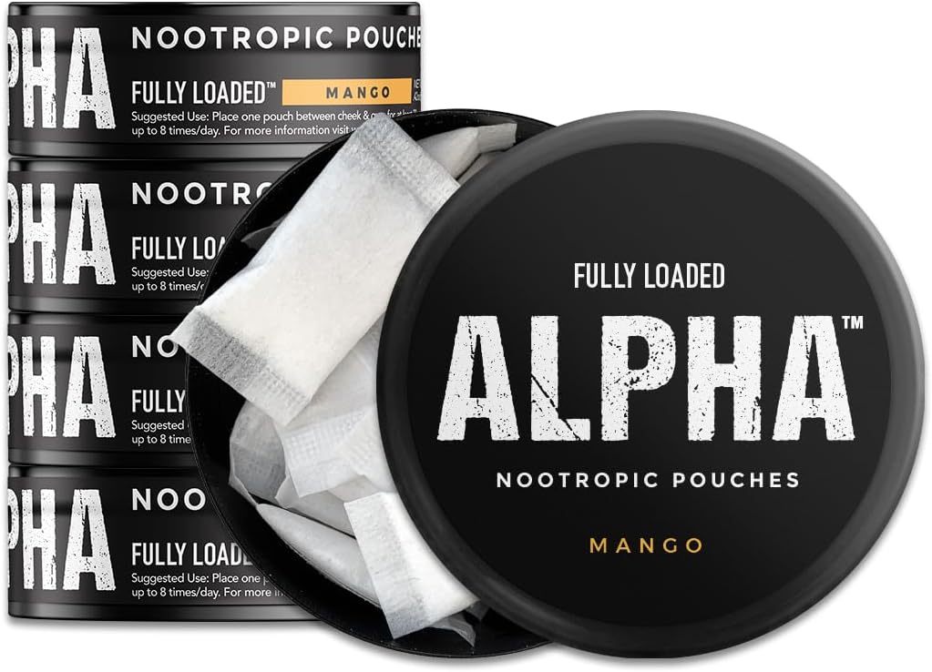 全装Alpha Nootropic 邮袋(芒果) - 5罐 - 每罐15个邮袋 - 有效的Nootropic 交付,Nic 邮袋替换 - 更快吸收,Alpha GPC,L-Tyrosine,GABA