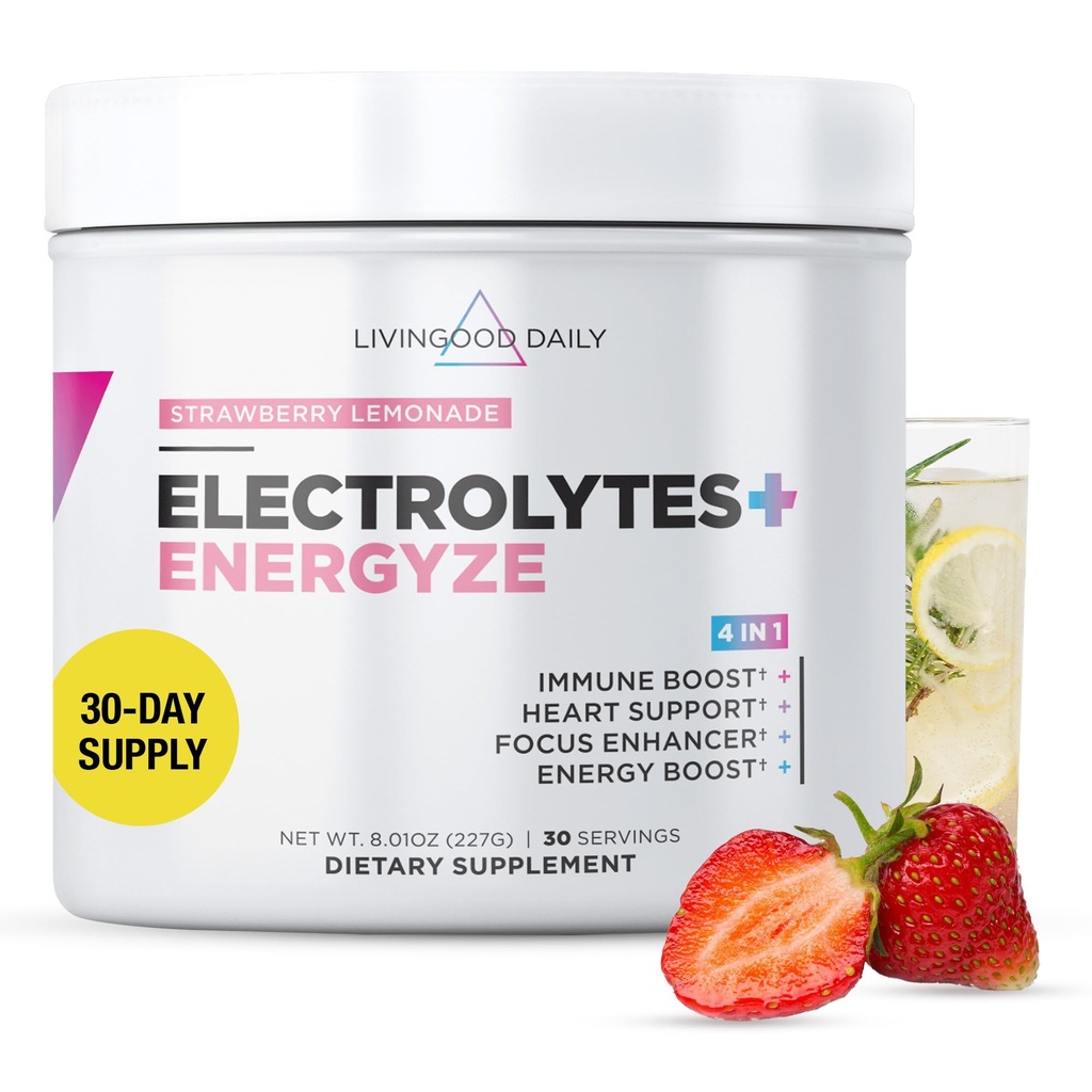 Livingood Daily Electrolytes Powder, Electrolytes Hydrotion Powder with Vitamin C, Taurine, D Ribose & FOS, 糖无电解质饮用混合剂, Keto, Gluten Free, 草莓柠檬汁, 30种服务