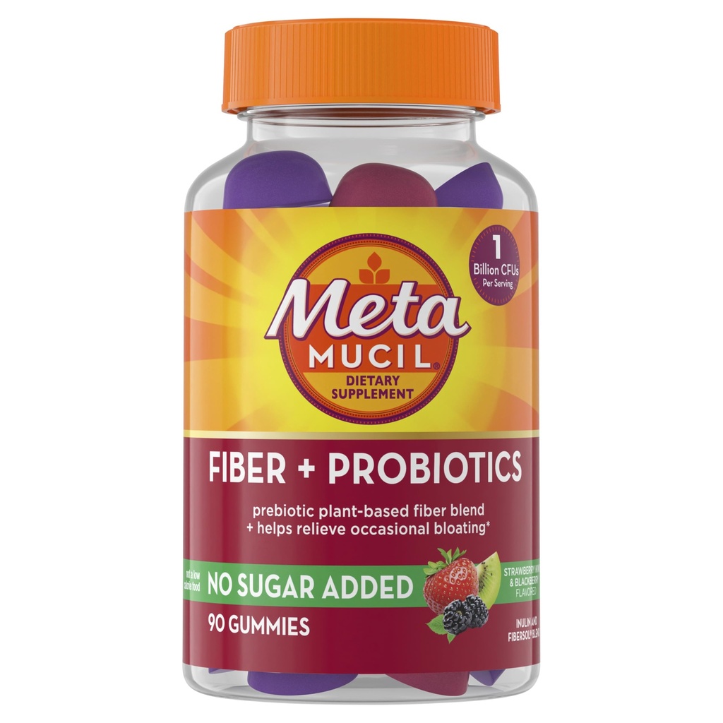 Metamucil Fiber Gummys for 成人用增生剂进行布洛特救济,无糖添加草莓 Kiwi BlackBerry Flavors, 5g Prebiotic Plant Based Fiber Supplement Blend, 90 Counter
