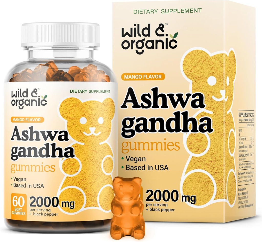 野性与有机 Ashwagandha Gummys 2000mg - Mood 支持补充 w/ Ashwagandha 根外加力量 - 自然平静补充 Gummys - 60 Vegan, Non-GMO Chews