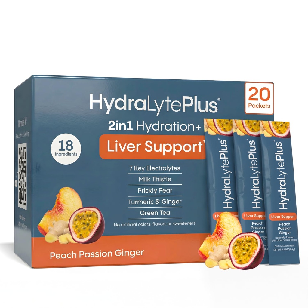 Hydrlyte Liver 支持 + 电解混合 与 Milk Thetle, Turmeric, Ginger, Prickly Pear, 绿色茶叶提取 用于快速还水(Peach Passion Ginger, 20 packets)
