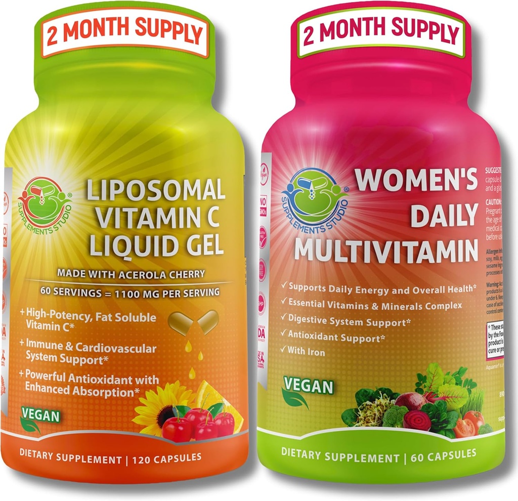 免疫支持包 — Liposomal Vitamin C 1100mg 液态Gel Capsules 配有有机Acerola Cherry & Vegan 女性日报 多维生素配铁 — 非GMO, 清洁日常健康支持