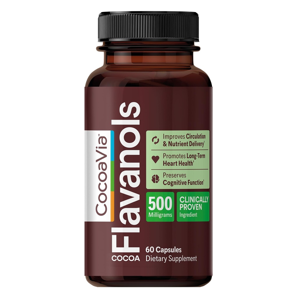 CocoaVia Cardio健康补编,30天,500mg Cocoa Flavanols,支持心脏健康,Boost Nitric Oxide,血液循环,能源,Vegan,暗巧克力,60卡普尔
