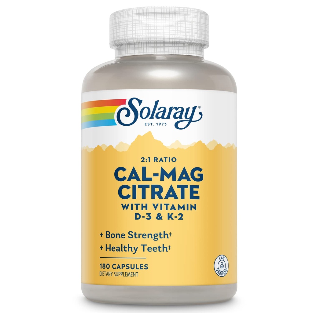 SOLARAY 镁钙 CITLAT W/维生素D3 K2 - 男女钙补充剂 - 骨骼和心脏健康支持 - Cal Mag 2:1 比例,加维生素D 3和K2,60天保障,30次服务