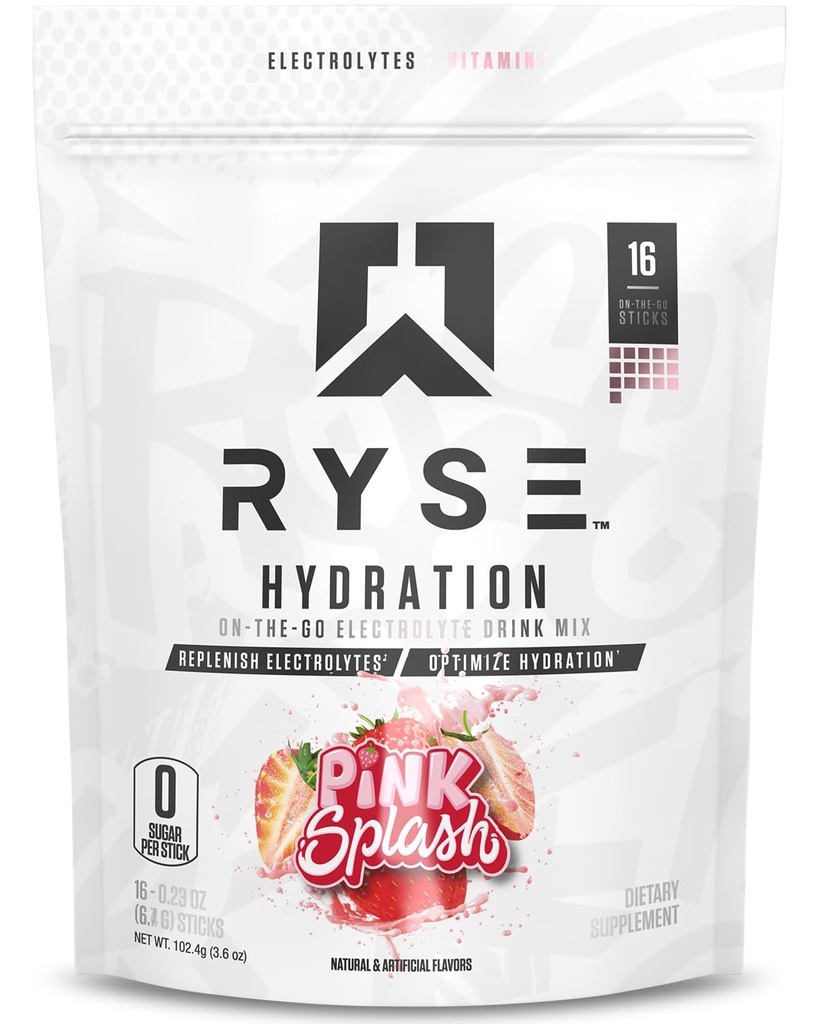 RYSE Hydration Electrolyte Powder Drink Mix Packets - Pink Splash - Sugar-Free Full Spectrum Electrolytes with Essential Vitamins, Taurine and Choline for Rehydration - 16 Serving Sticks