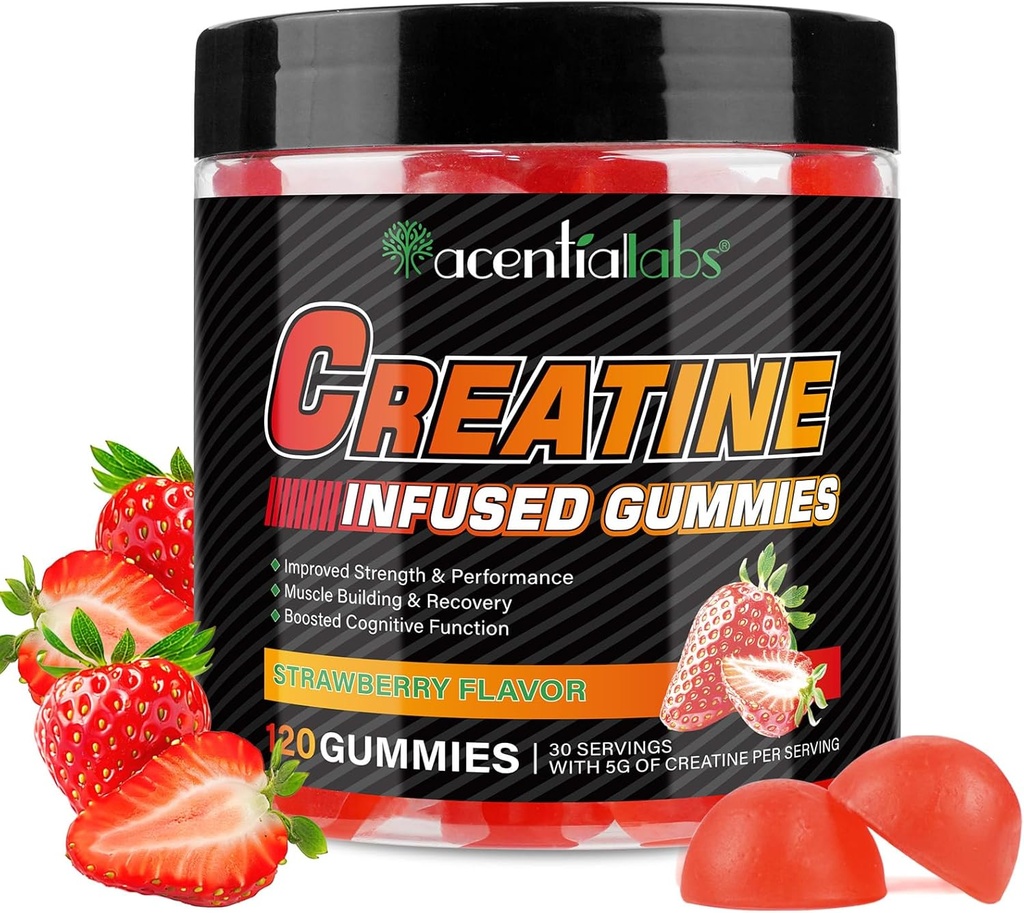 Creatine Monohydrate Gummys 5000mg for Men and Women, Creatine Monohydrate, L-Taurine, Vitamin B12 for Muscle growth, 力量,焦点,能源与健康,无糖, Vegan,草莓 Flavor, 120 Count