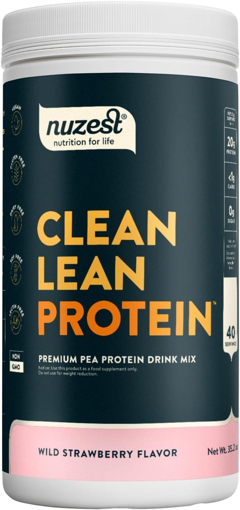 Nuzest - Pea Protein Powder - Clean Lean Protein, Premium Vegan Plant Based Protein Powder, Dairy Free, Gluten Free, GMO Free, Naturally Sweetened, Wild Strawberry, 40 Servings, 2.2 lb