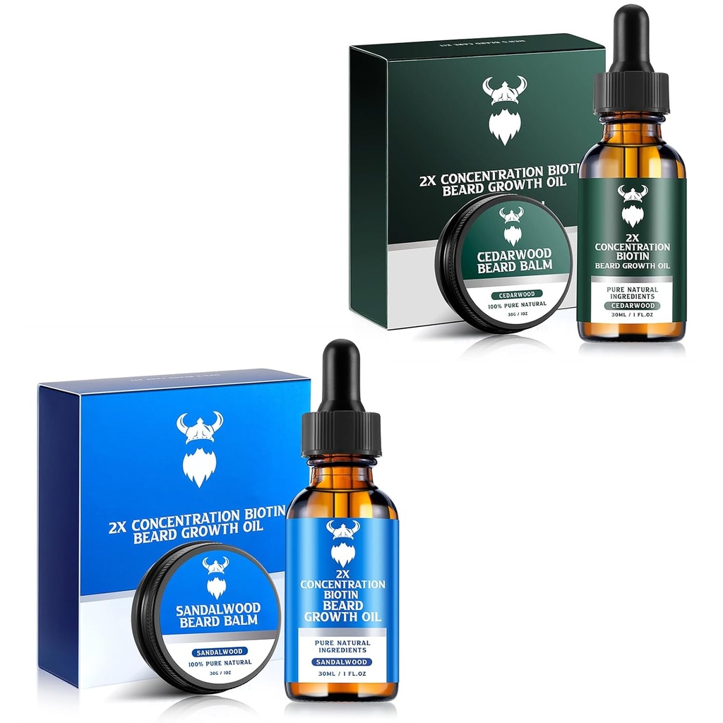 Sandalwood Beard Growth Oil,其中男性生物素浓度为2X,而Cedarwood Beard Growing Oil,其中男性生物素浓度为2X,天然成份和毛细生长