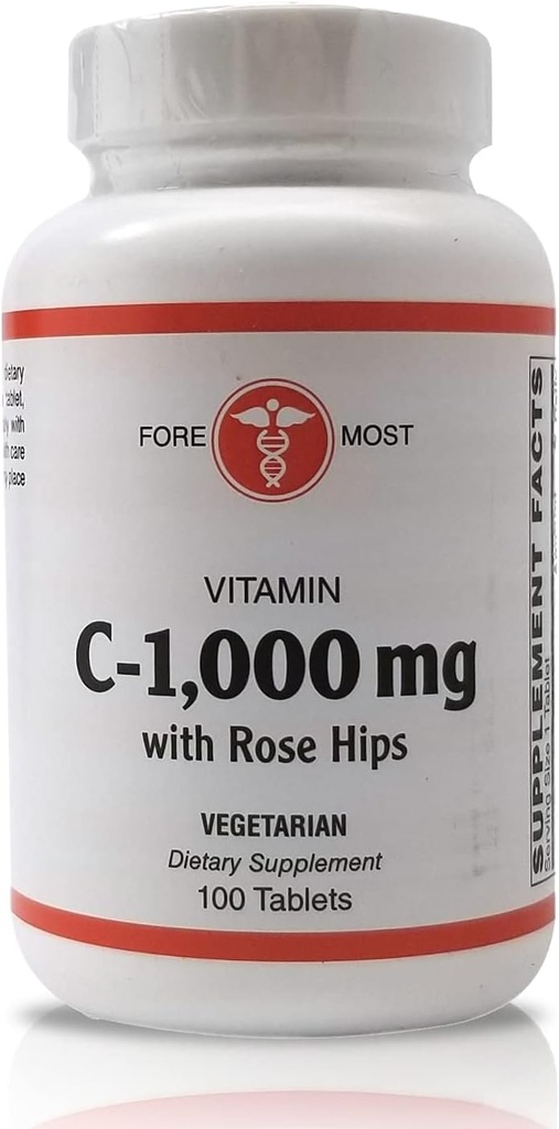综合健康 维生素C配有玫瑰HIPS1000mg片,维生素C片配有促进豁免,保持最佳血压,以及更健康的炎症反应,100片