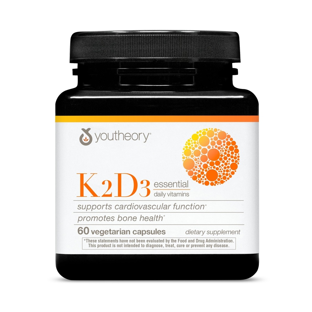 Youtheory K2D3 - Bone & Heart Health Support - 结合维生素D3 & 维生素K2 - 乳品,大豆和葡萄糖免费 - 60 蔬菜卡普尔