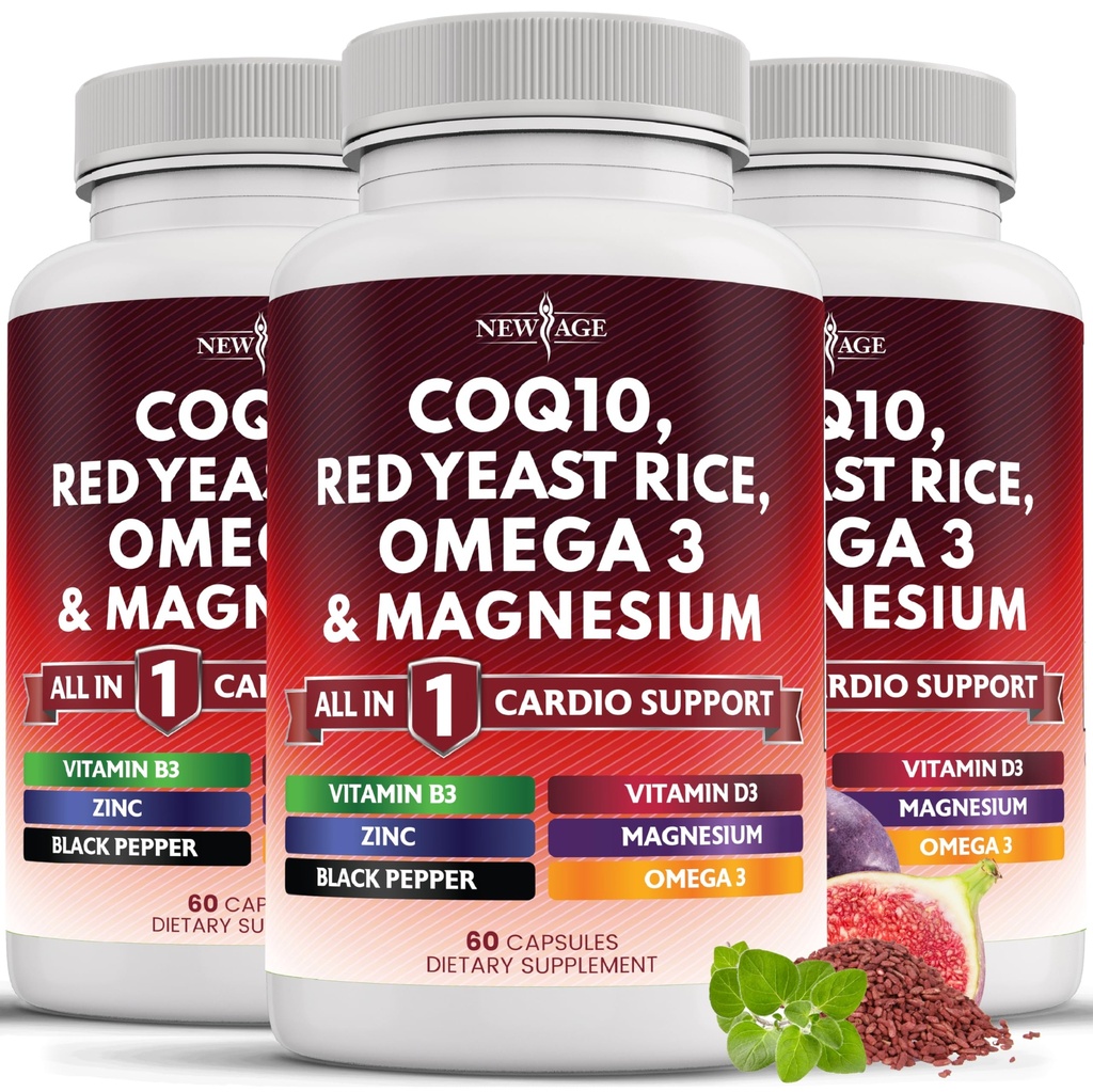 新AGE COQ10 200mg 红 Yeast Rice Omega 3-6-9 镁复合锌维生素K2 D3 - 支持男女维生素B3,Coenzyme Q10-180 计数