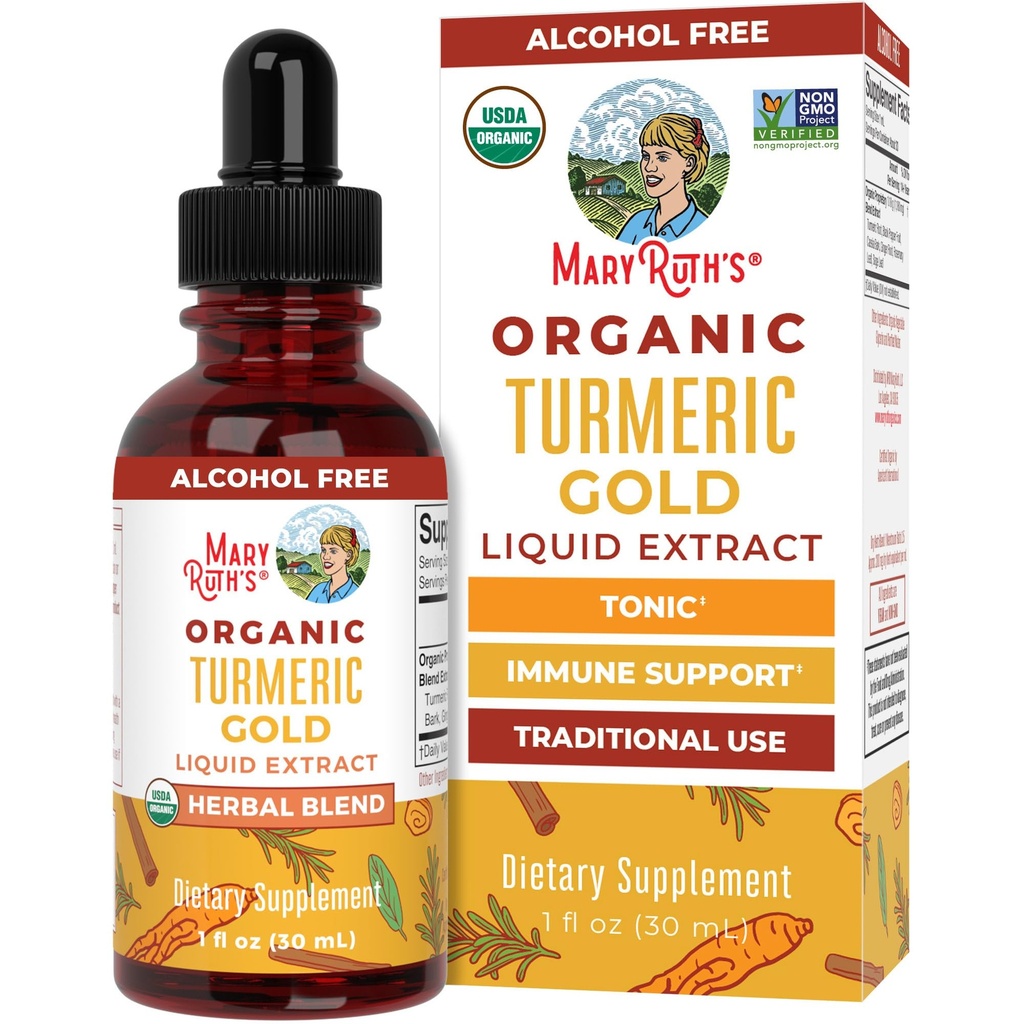 玛丽·鲁斯有机体 USDA Turmeric Gold Lilish Drops Herbal Blend Turmeric Curcumin 黑辣椒 Cassia Cinnamon Bark 姜根支持 非GMO项目 验证 QQ Vegan 1oz