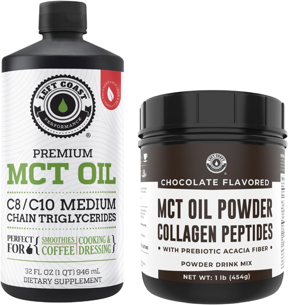 左岸性能100% Coconut MCT 油液,32oz +巧克力 Keto MCT 粉,Collagen 和 Prebiotic Fiber, 16oz