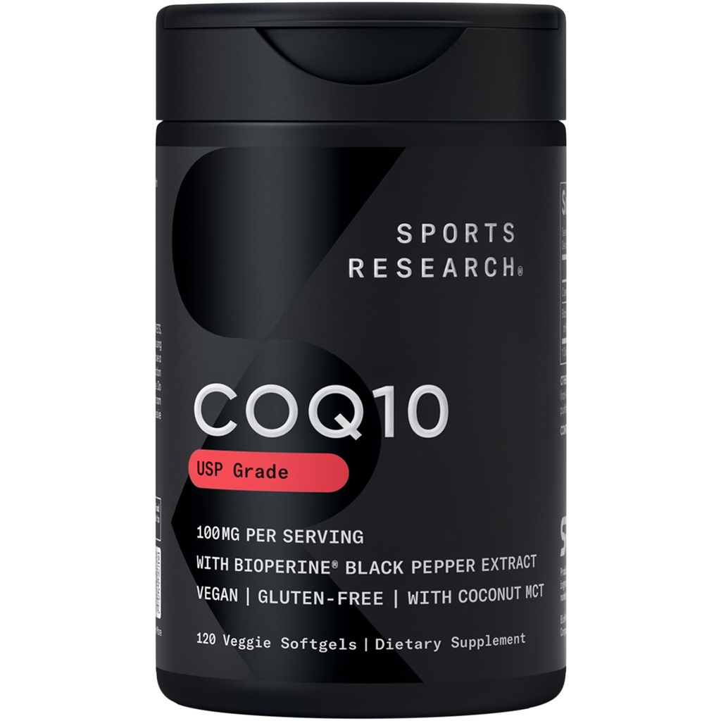 体育研究 CoQ10(100mg) 增强w/椰油和生物素(黑辣椒) 更好的吸收 | Vegan认证,非GMO认证(120 Veggie Softgels)