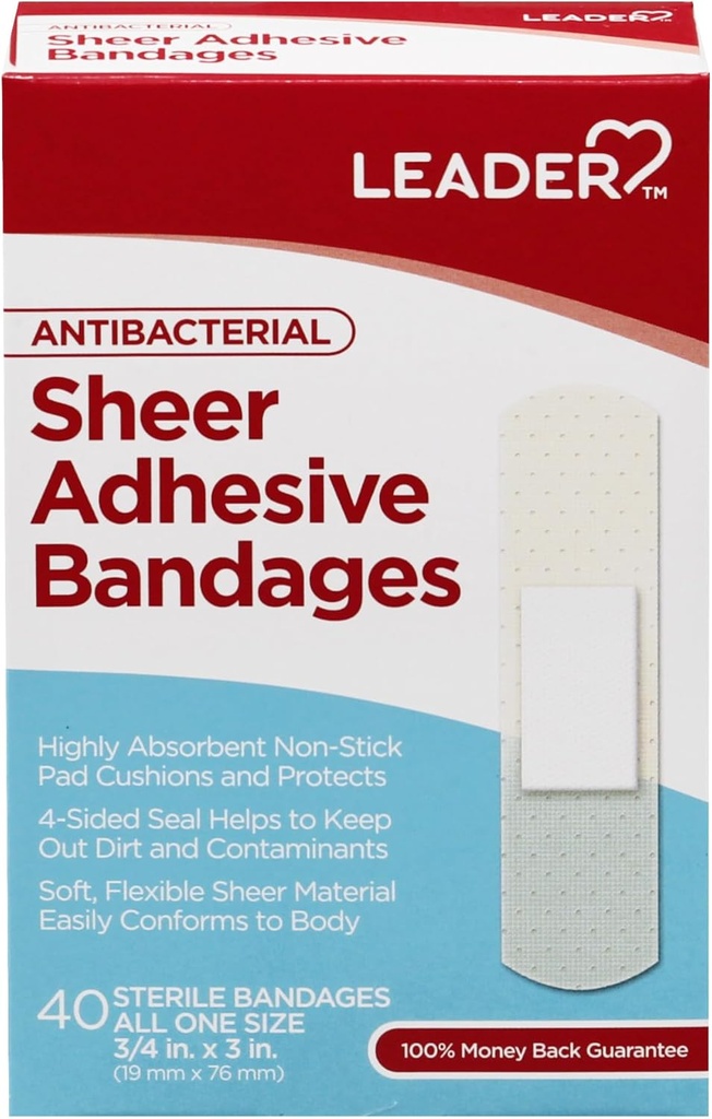 LEADER Sterile Sheer Adhesive Bandages, Latex Free, Bloods with Skin, 帮助预防感染, 为急救和伤员护理提供舒适的保护(3/4"×3, 40 Counter)