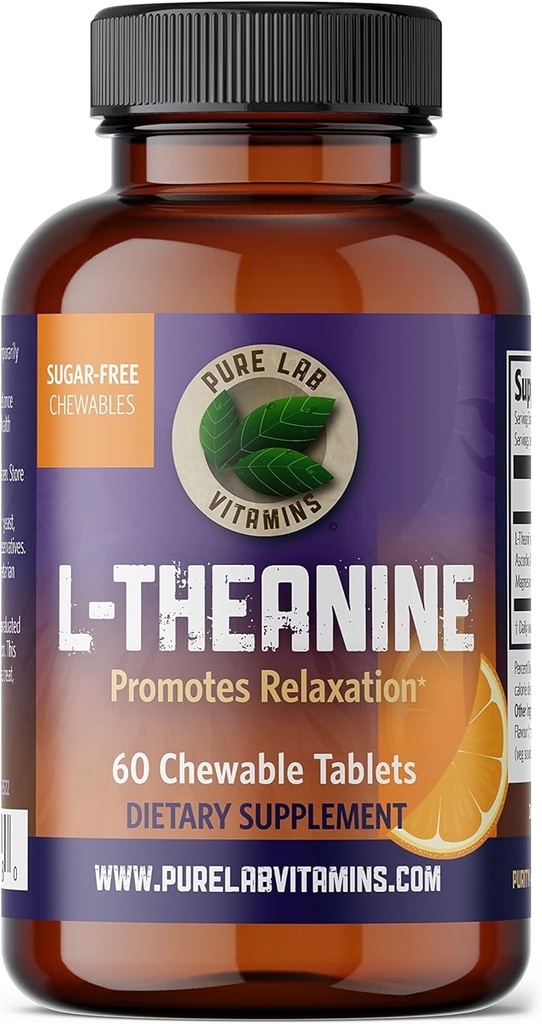 Pure Lab Vitamins L-Theanine 125 mg - 60 Sugar Free, Chewable Tablets 30 Days Supply | Promotes Relaxation, Mental Focus | Improves Sleep Quality Made in Canada