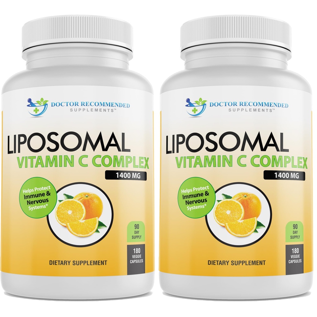 Liposomal Vitamin C 1400mg Per service - 高吸收性 Ascorbic Acid, Lypo-Spheric Vitamin C 复合免疫支持补充 w/强抗氧化剂和Collagen促进剂,(180 Vegie Caps 2 Pack)