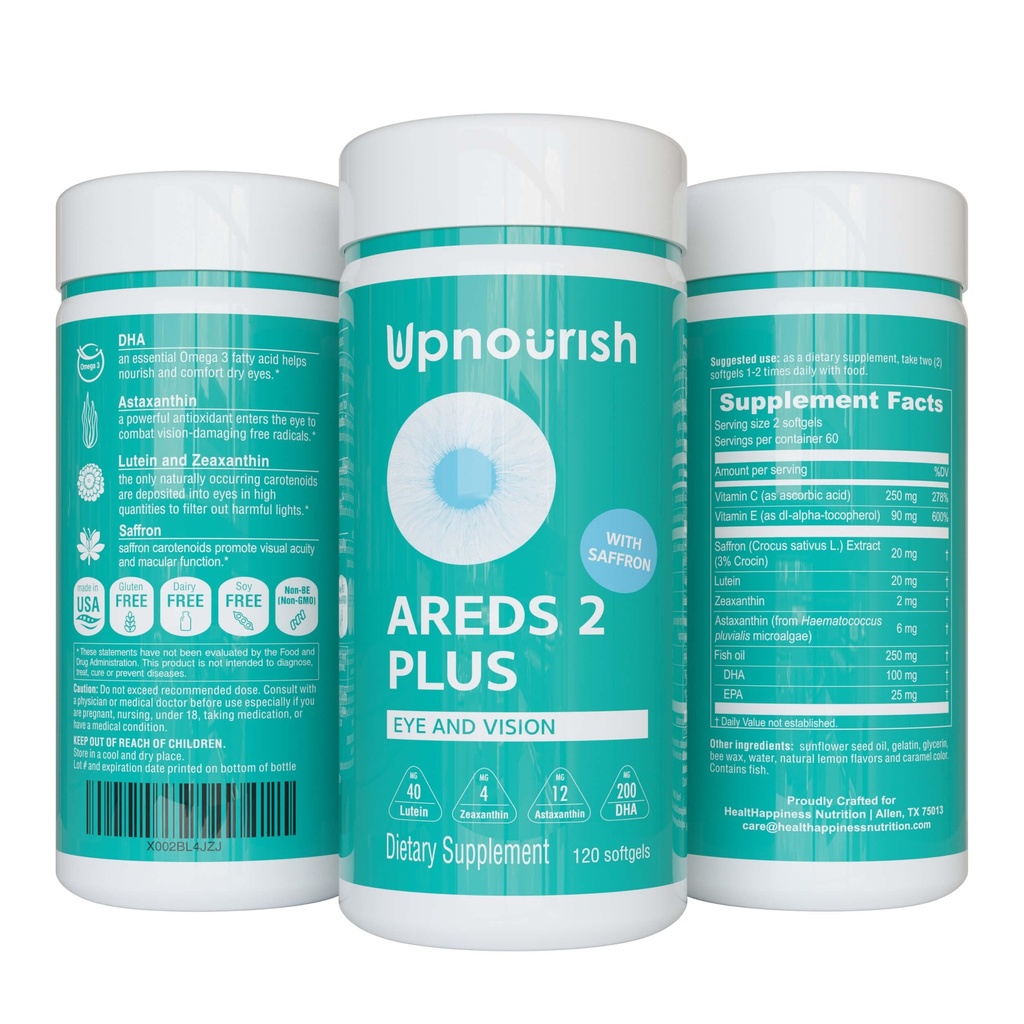 Up Nourish AREDS 2 Plus Eye 维生素补充剂,AREDS 2 锌自由配方,配有Lutein,Zeaxanthin,Saffron,Astaxanthin & DHA - 120软胶