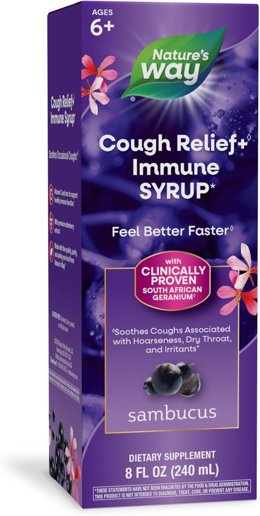 自然之道 Sambucus cough Relief +(1) Immune Syrup *,Feel Better Feel Faster(1),临床证明南非的Geranium,配有老莓提取剂,维生素C和锌,8 Oz(包装5月 Vary)