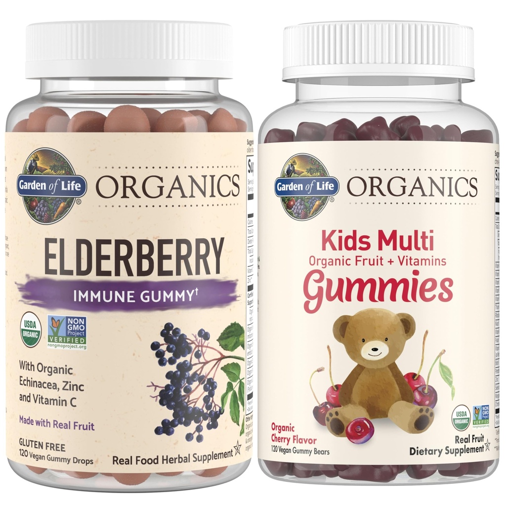 生活组织花园 儿童 Immune Bundle – 老年莓 Immune 支持 Gummys (120 Counter) + 认证有机儿童 多维塔明 Gummys, Non-GMO, Gluten Free, Cherry (120 Counter)